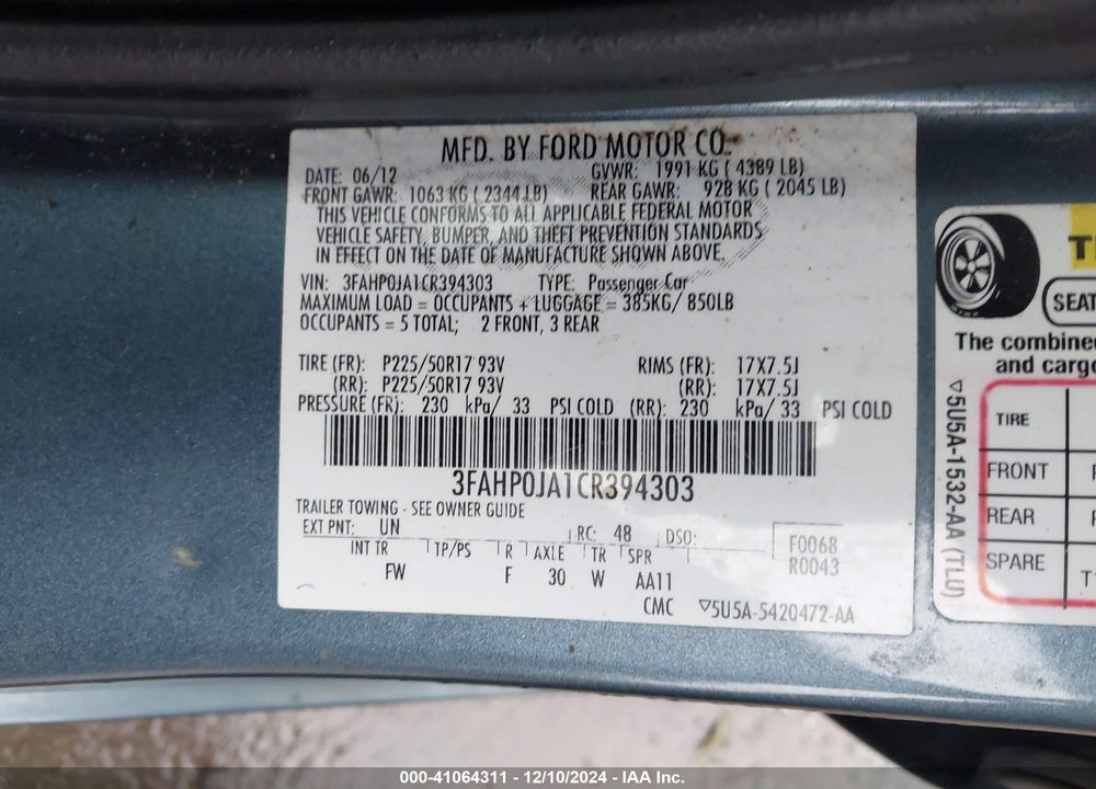 2012 FORD FUSION SEL VIN: 3FAHP0JA1CR394303