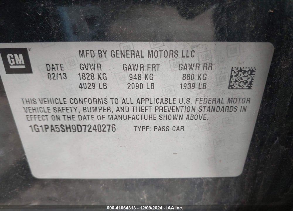 2013 CHEVROLET CRUZE LS AUTO VIN: 1G1PA5SH9D7240276