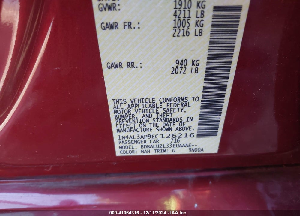 2014 NISSAN ALTIMA 2.5 SV VIN: 1N4AL3AP9EC126216