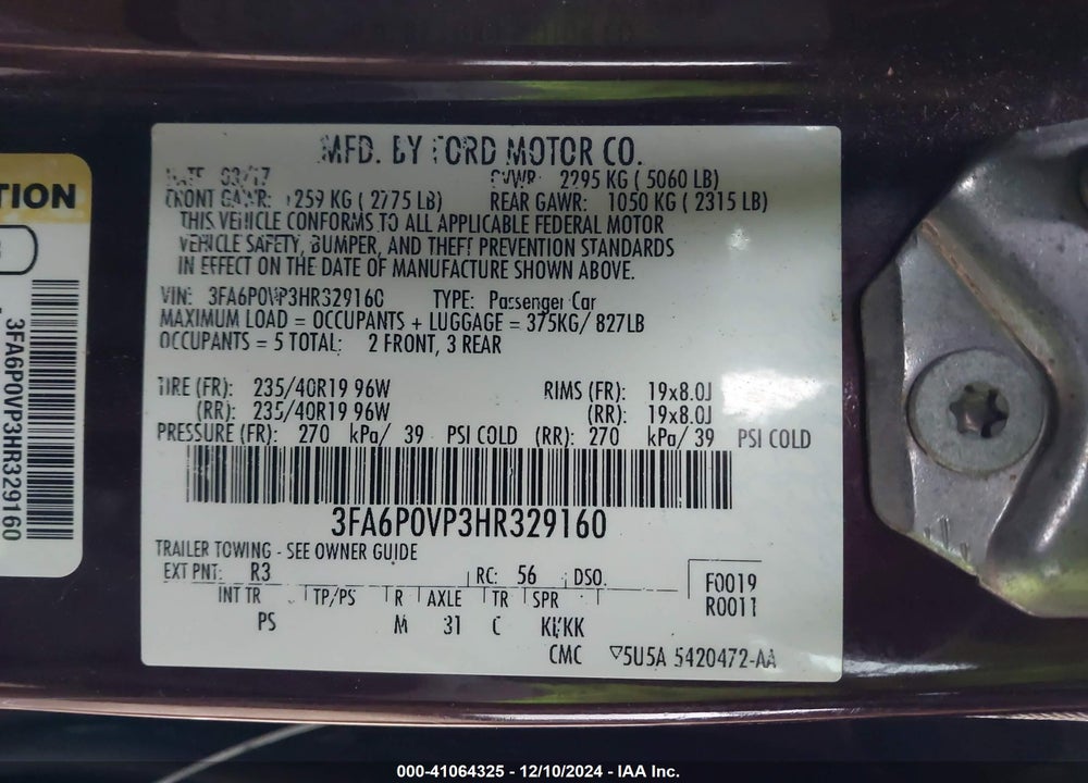 2017 FORD FUSION SPORT VIN: 3FA6P0VP3HR329160