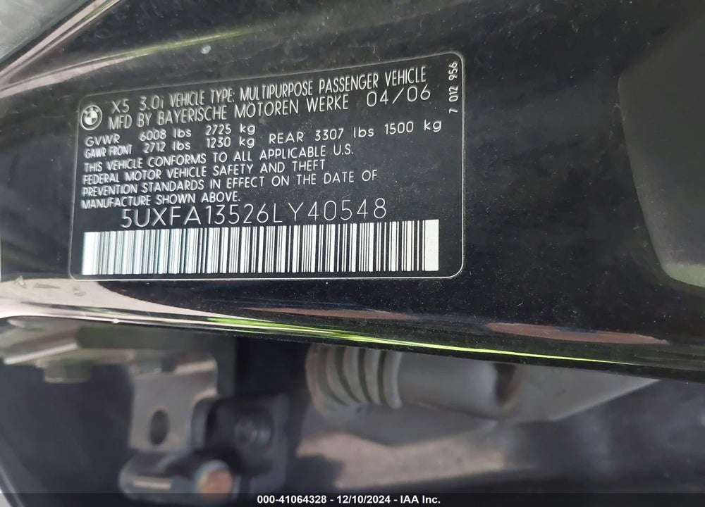 2006 BMW X5 3.0I VIN: 5UXFA13526LY40548