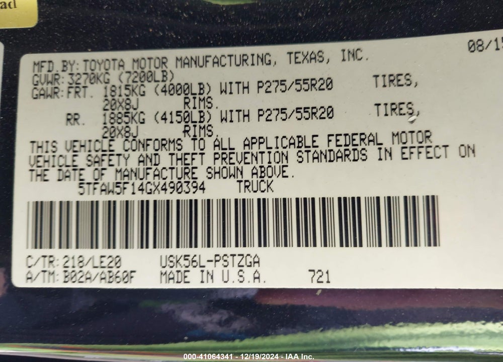 2016 TOYOTA TUNDRA VIN: 5TFAW5F14GX490394