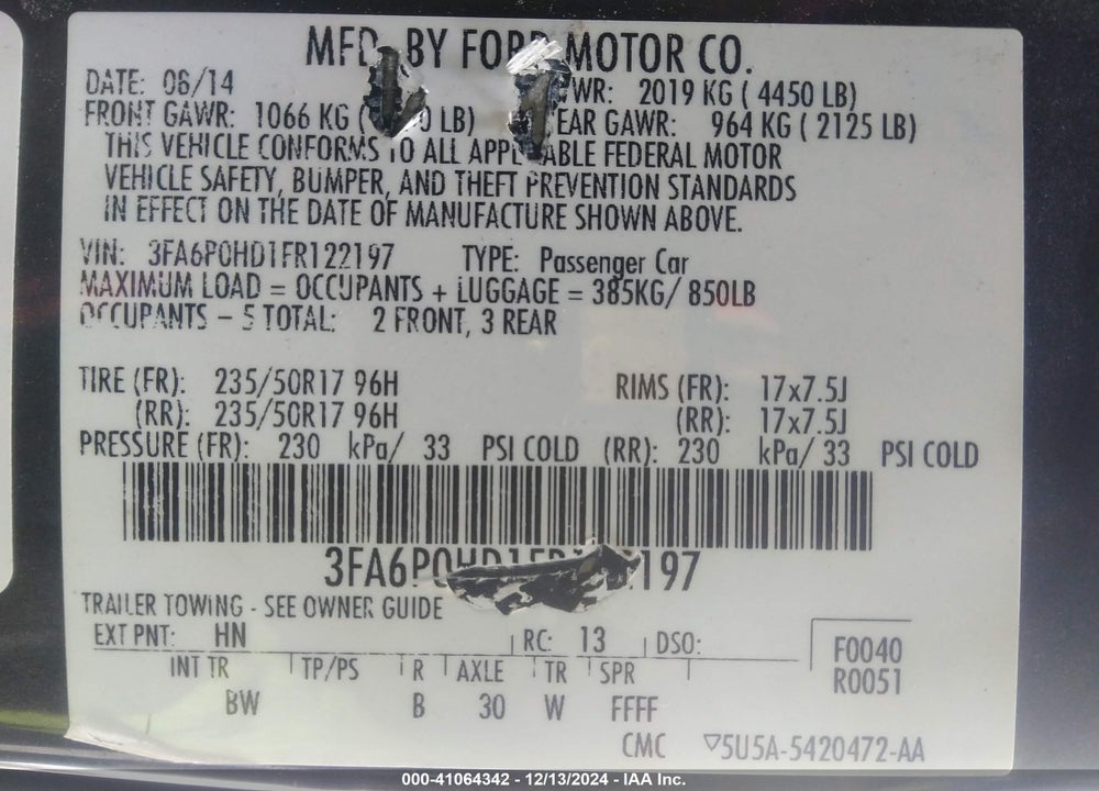 2015 FORD FUSION SE VIN: 3FA6P0HD1FR122197