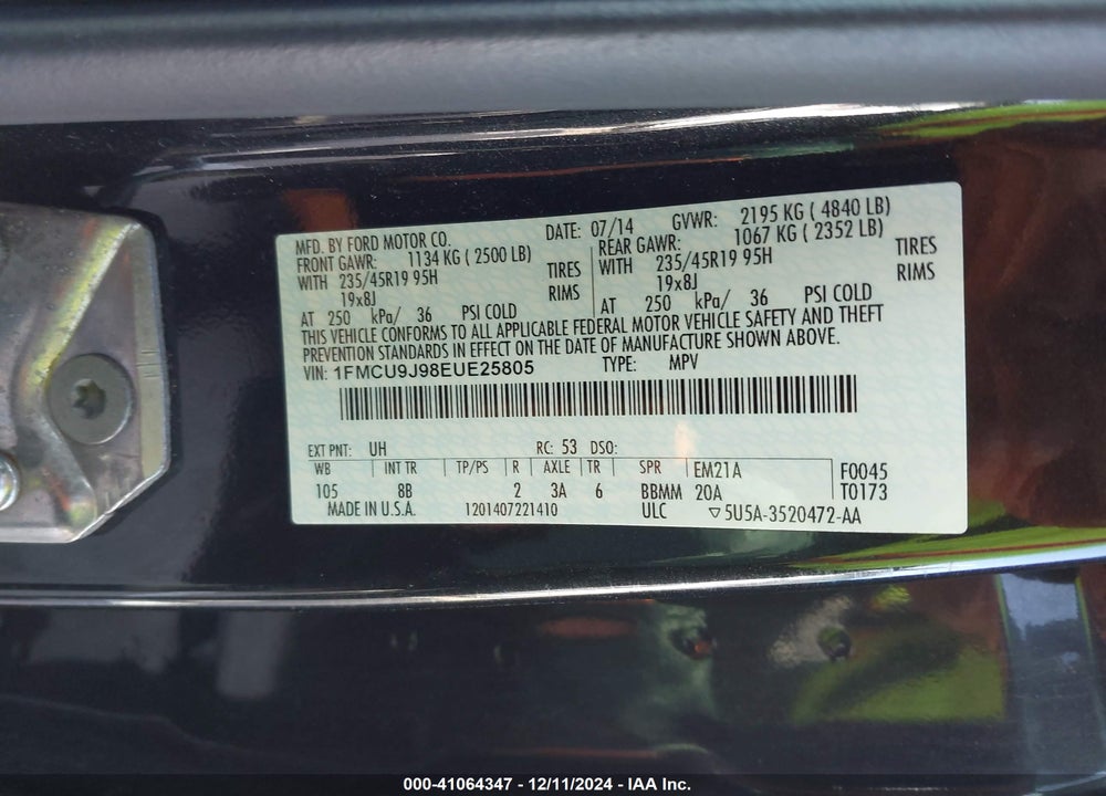 2014 FORD ESCAPE TITANIUM VIN: 1FMCU9J98EUE25805