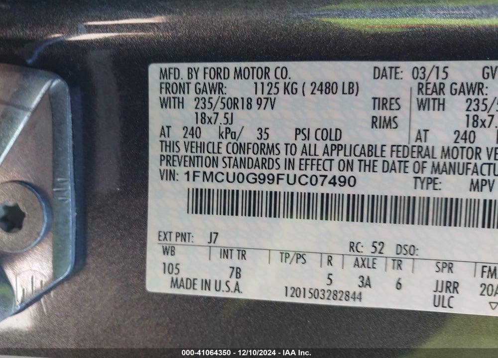 2015 FORD ESCAPE SE VIN: 1FMCU0G99FUC07490