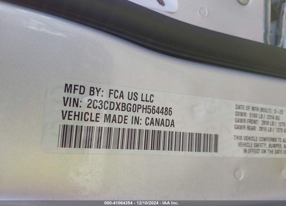 2023 DODGE CHARGER SXT VIN: 2C3CDXBG0PH564486
