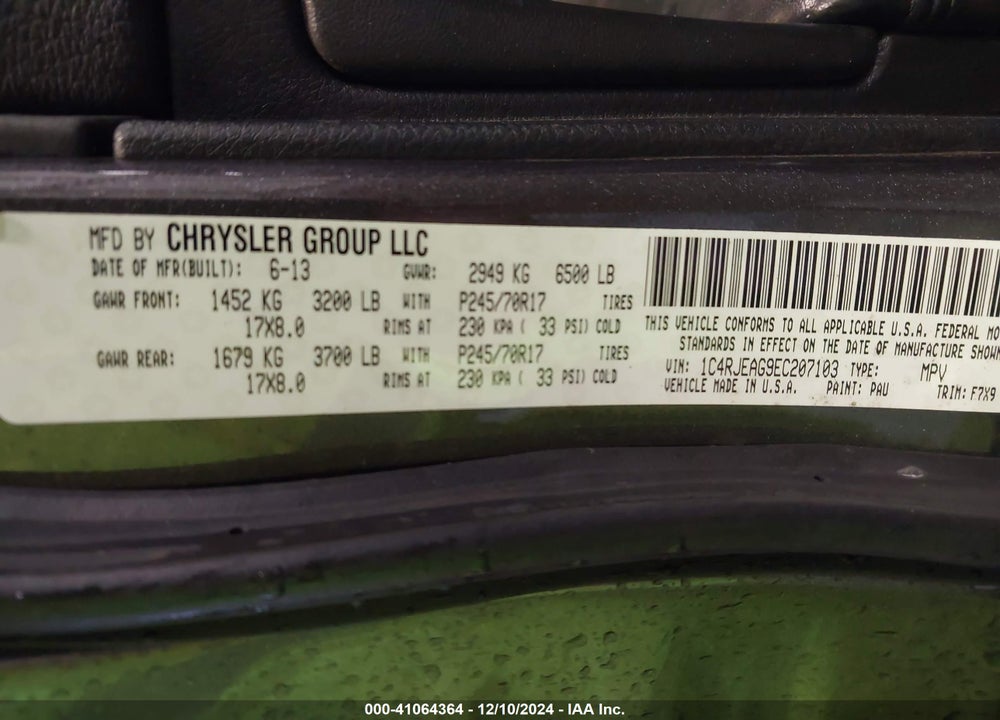 2014 JEEP GRAND CHEROKEE VIN: 1C4RJEAG9EC207103