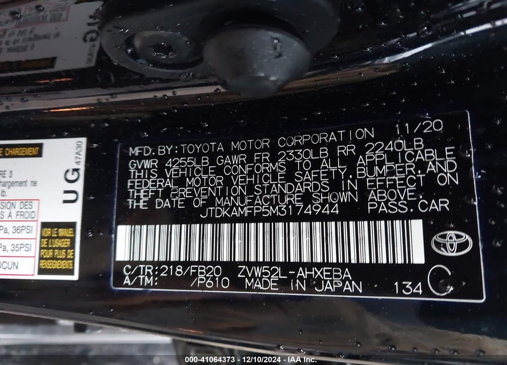 2021 TOYOTA PRIUS PRIME LE VIN: JTDKAMFP5M3174944