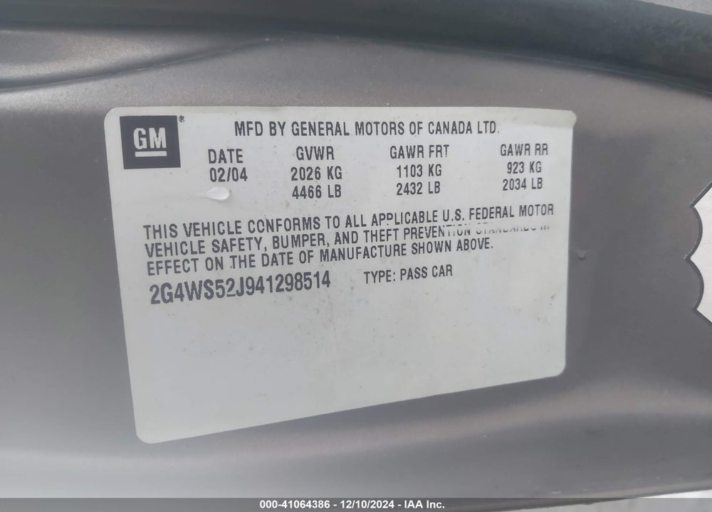 2004 BUICK CENTURY VIN: 2G4WS52J941298514