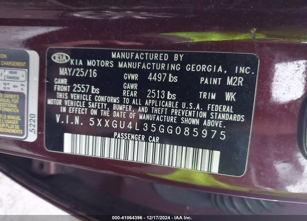 2016 KIA OPTIMA VIN: 5XXGU4L35GG085975