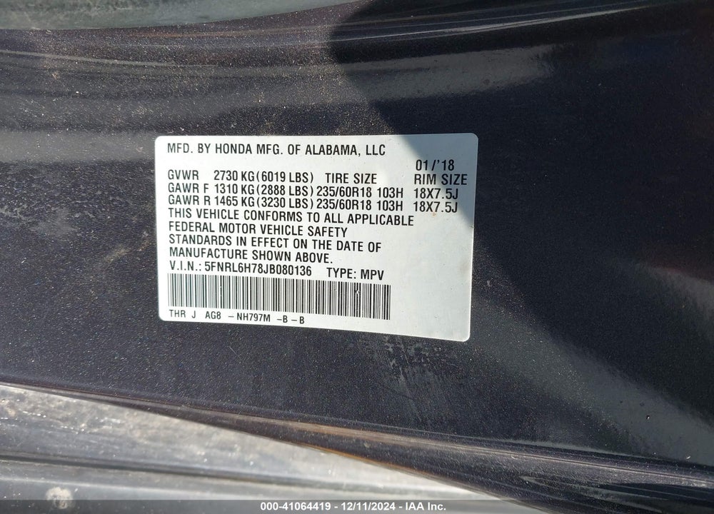 2018 HONDA ODYSSEY EX-L VIN: 5FNRL6H78JB080136