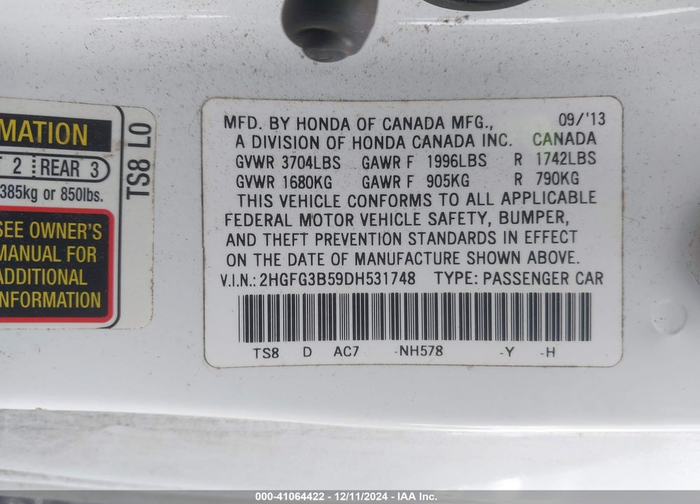 2013 HONDA CIVIC LX VIN: 2HGFG3B59DH531748