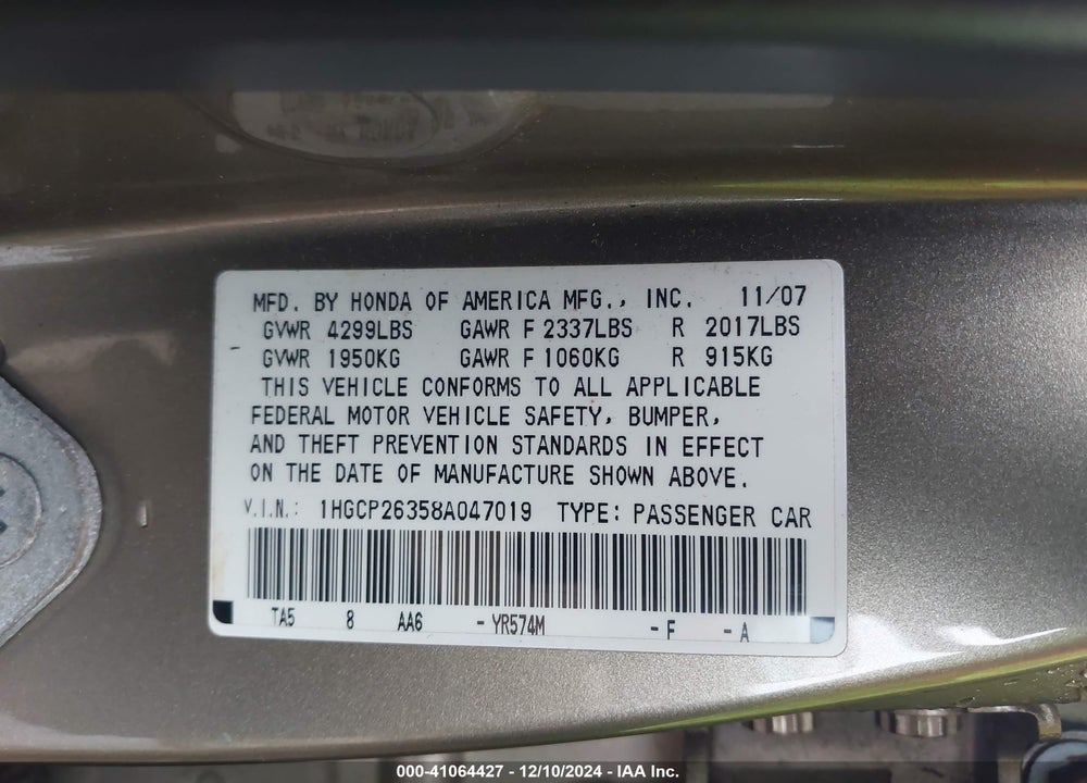 2008 HONDA ACCORD 2.4 LX VIN: 1HGCP26358A047019