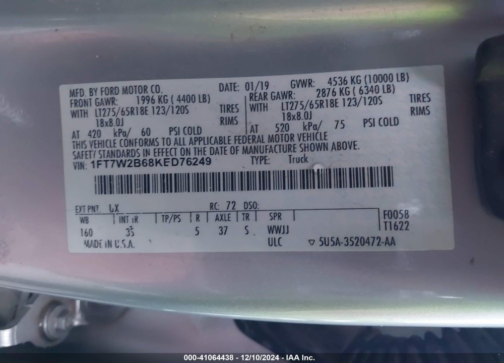 2019 FORD F-250 VIN: 1FT7W2B68KED76249