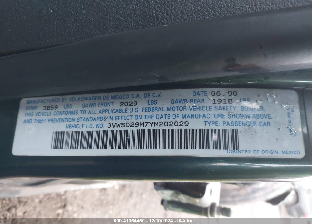 2000 VOLKSWAGEN JETTA GLS 1.8L TURBO VIN: 3VWSD29M7YM202029