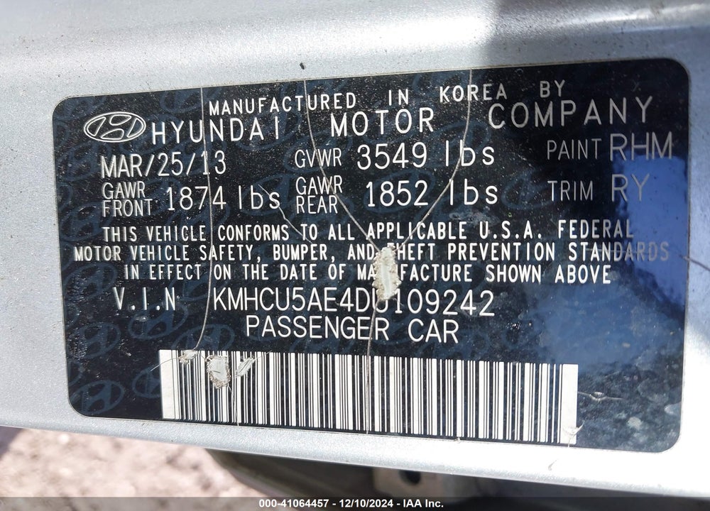 2013 HYUNDAI ACCENT SE VIN: KMHCU5AE4DU109242