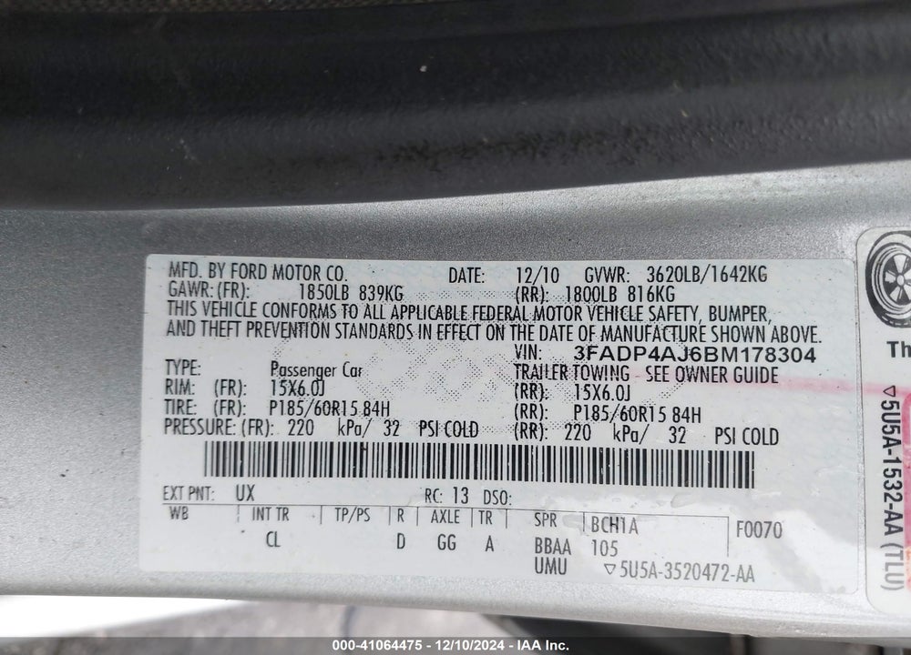 2011 FORD FIESTA S VIN: 3FADP4AJ6BM178304