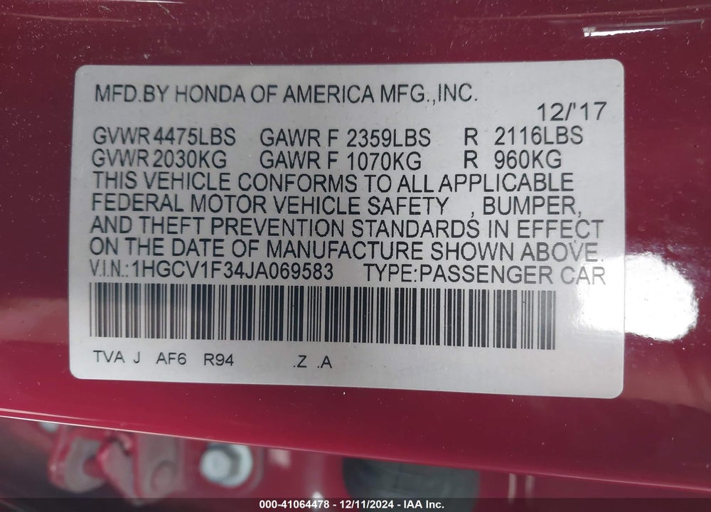 2018 HONDA ACCORD SPORT VIN: 1HGCV1F34JA069583