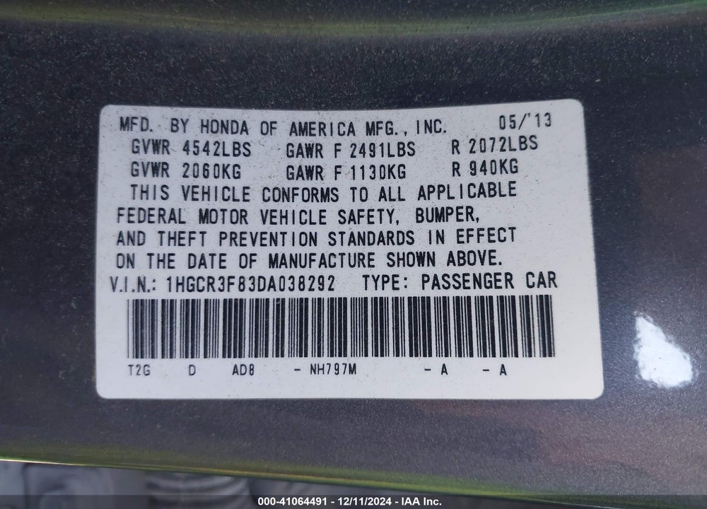 2013 HONDA ACCORD EX-L V-6 VIN: 1HGCR3F83DA038292