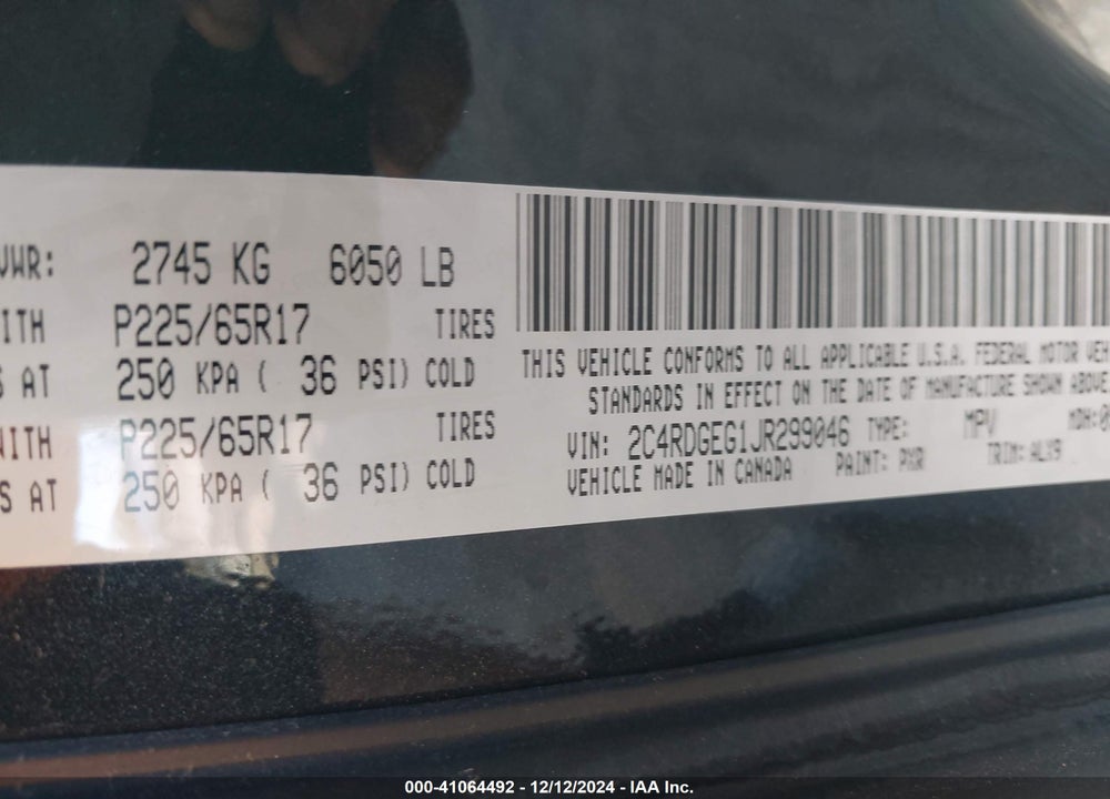 2018 DODGE GRAND CARAVAN GT VIN: 2C4RDGEG1JR299046