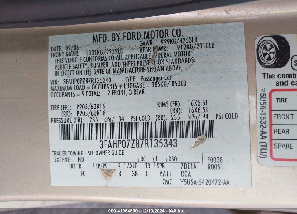 2007 FORD FUSION SE VIN: 3FAHP07Z87R135343