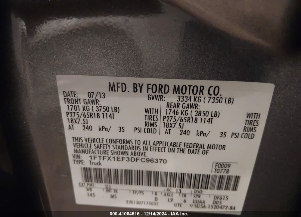 2013 FORD F-150 XLT VIN: 1FTFX1EF3DFC96370