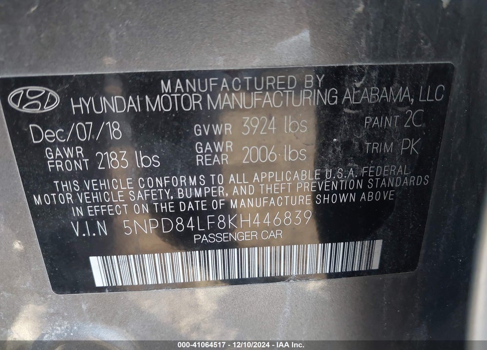 2019 HYUNDAI ELANTRA SEL VIN: 5NPD84LF8KH446839