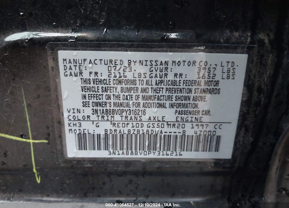 2023 NISSAN SENTRA S XTRONIC CVT VIN: 3N1AB8BV0PY316216