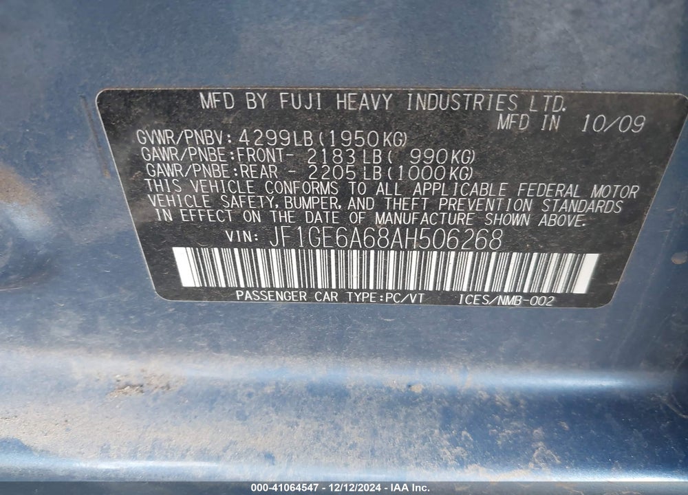 2010 SUBARU IMPREZA 2.5I VIN: JF1GE6A68AH506268