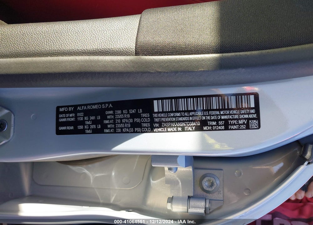 2022 ALFA ROMEO STELVIO SPRINT AWD VIN: ZASPAKAN9N7D38410