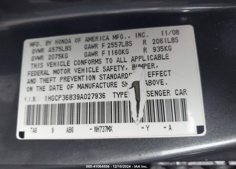 2009 HONDA ACCORD 3.5 EX-L VIN: 1HGCP36839A027936