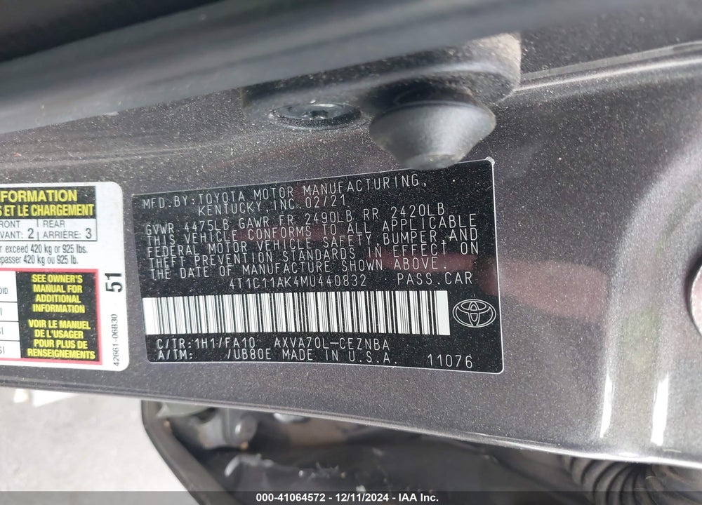 2021 TOYOTA CAMRY LE VIN: 4T1C11AK4MU440832