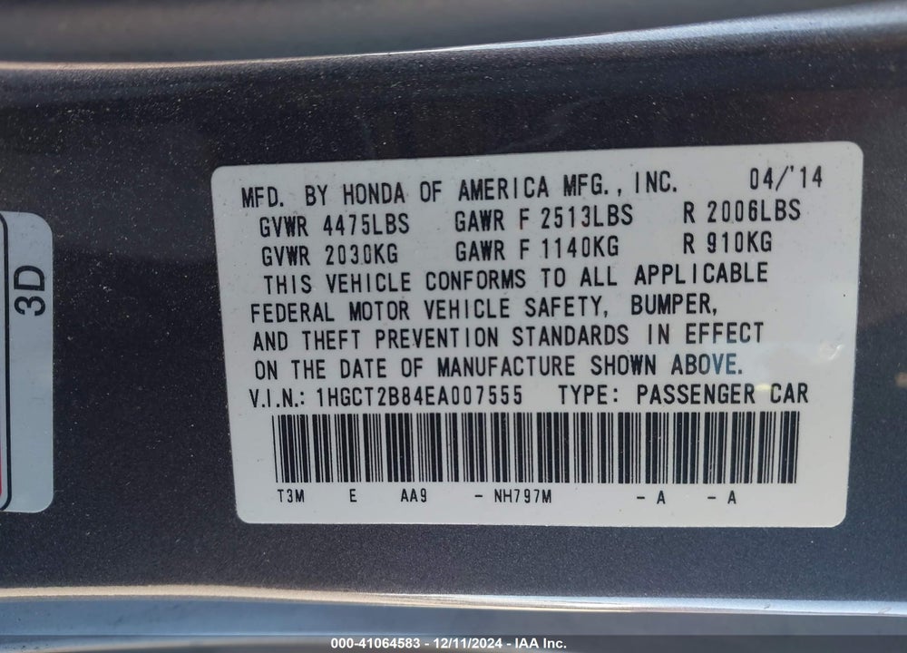 2014 HONDA ACCORD VIN: 1HGCT2B84EA007555