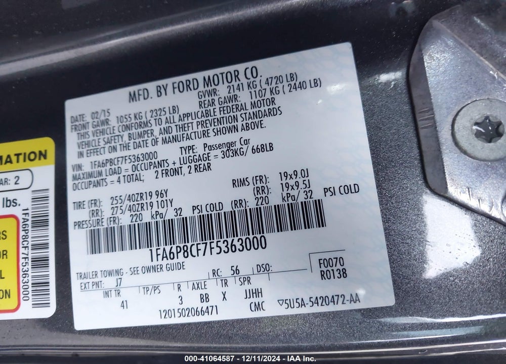 2015 FORD MUSTANG GT PREMIUM VIN: 1FA6P8CF7F5363000