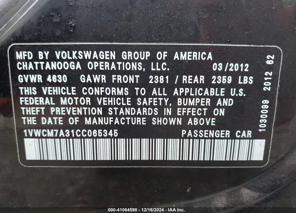 2012 VOLKSWAGEN PASSAT VIN: 1VWCM7A31CC065345