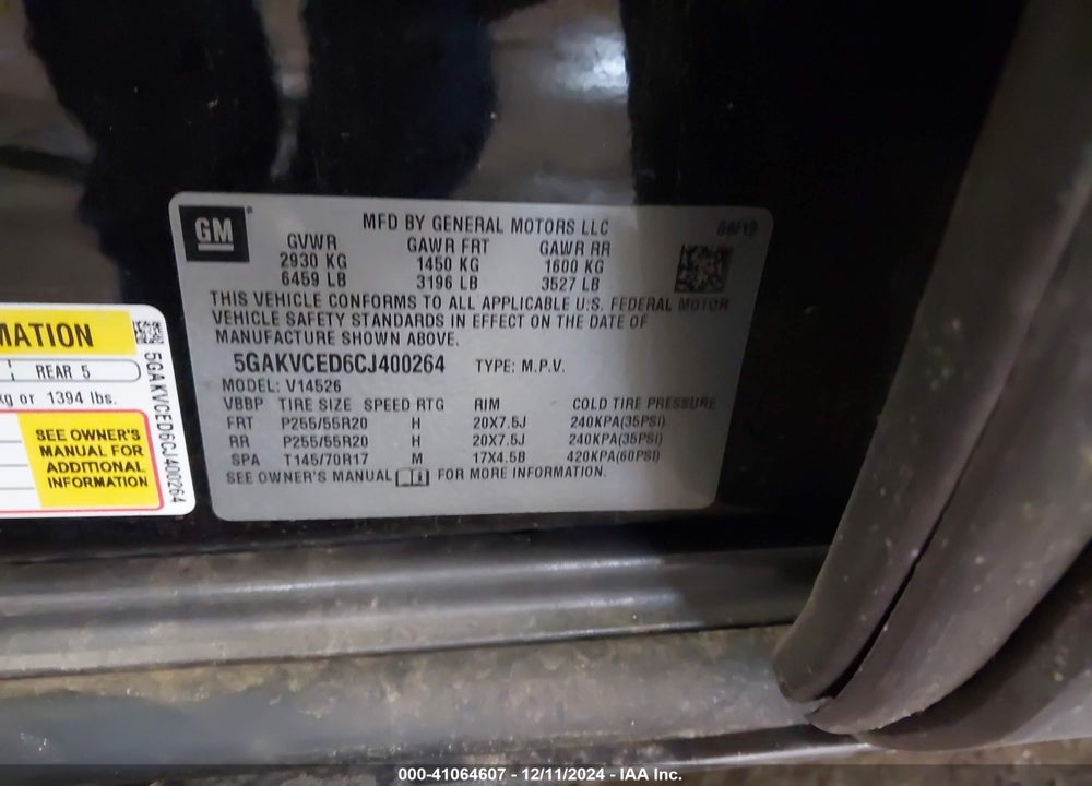 2012 BUICK ENCLAVE LEATHER VIN: 5GAKVCED6CJ400264