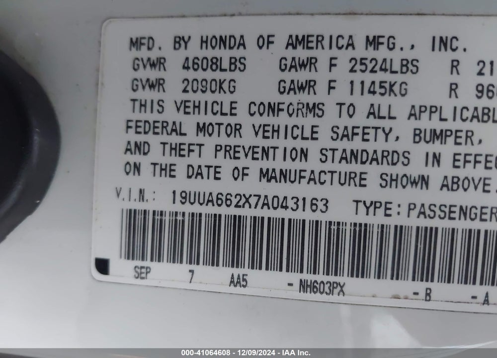 2007 ACURA TL 3.2 VIN: 19UUA662X7A043163