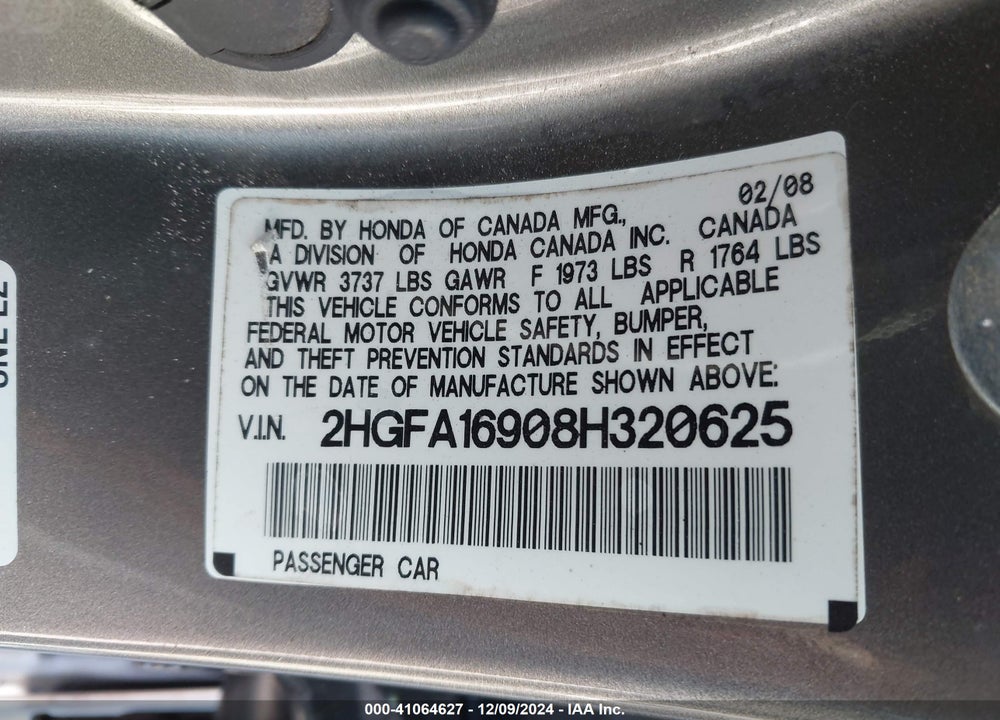 2008 HONDA CIVIC EX-L VIN: 2HGFA16908H320625