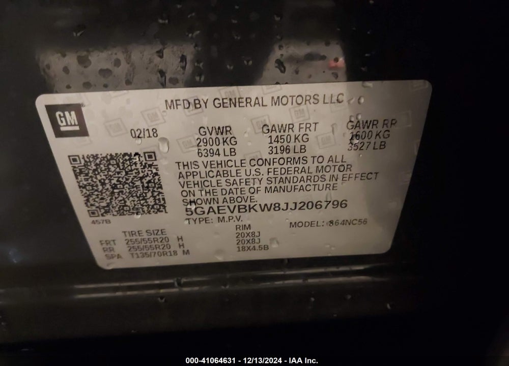 2018 BUICK ENCLAVE PREMIUM VIN: 5GAEVBKW8JJ206796