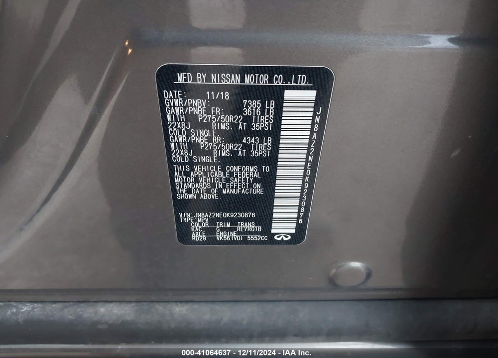 2019 INFINITI QX80 LUXE VIN: JN8AZ2NE0K9230876
