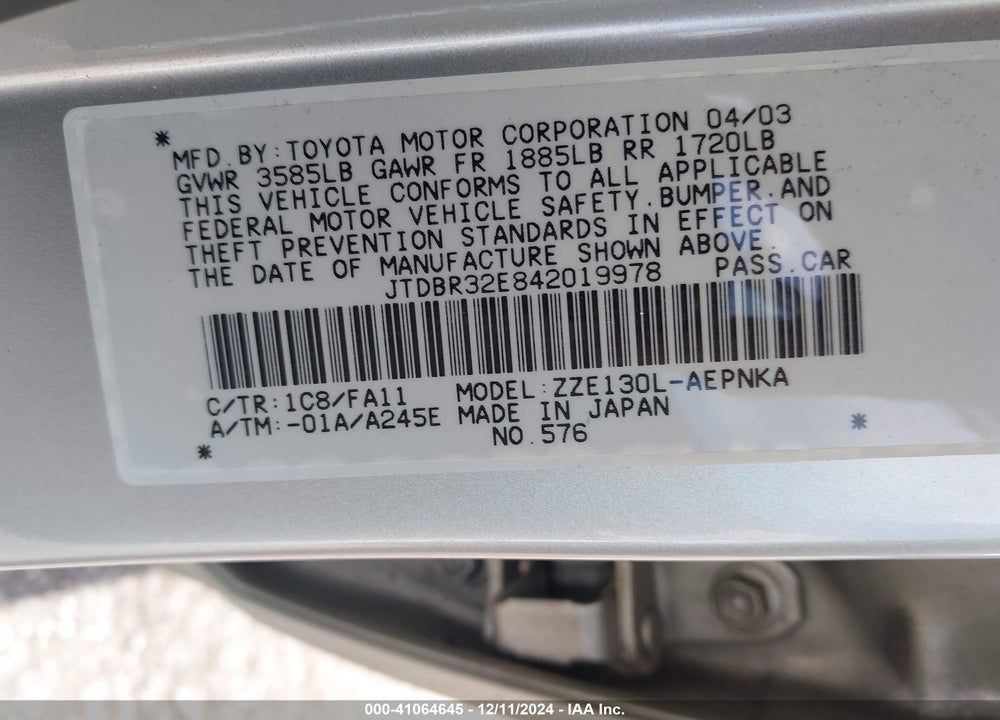 2004 TOYOTA COROLLA LE VIN: JTDBR32E842019978