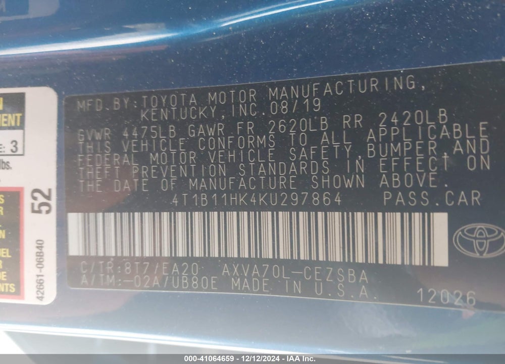 2019 TOYOTA CAMRY SE VIN: 4T1B11HK4KU297864