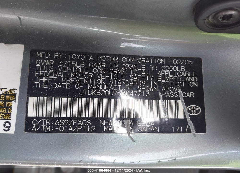 2005 TOYOTA PRIUS VIN: JTDKB20U953047213