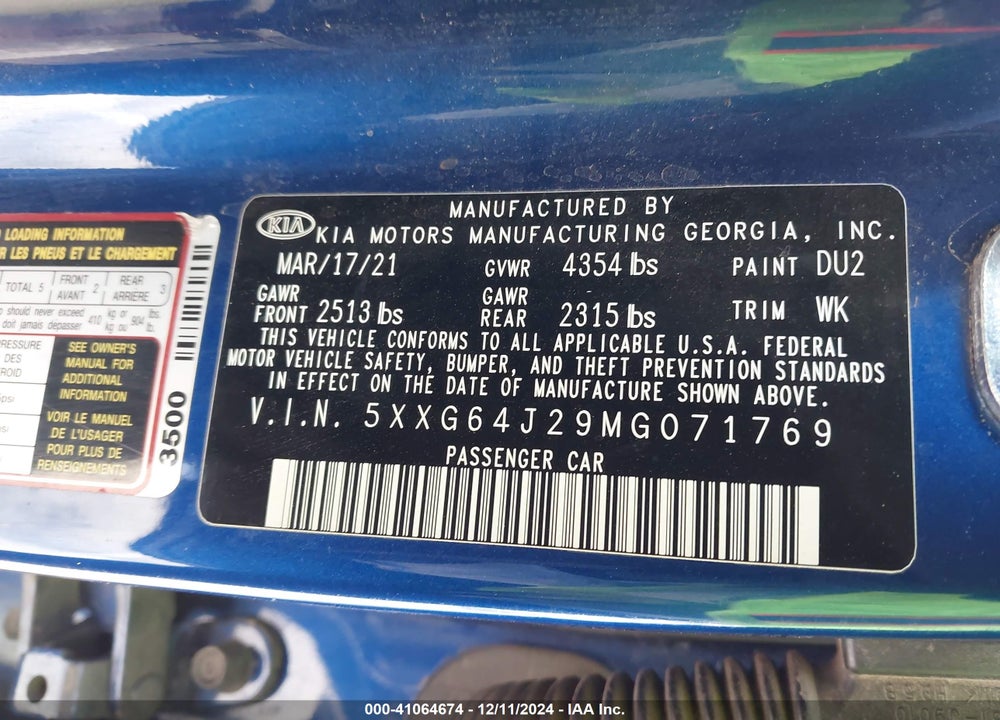 2021 KIA K5 VIN: 5XXG64J29MG071769