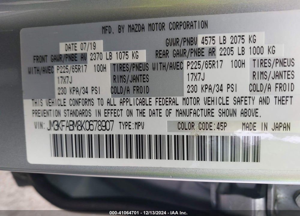 2019 MAZDA CX-5 SPORT VIN: JM3KFABM8K0678907