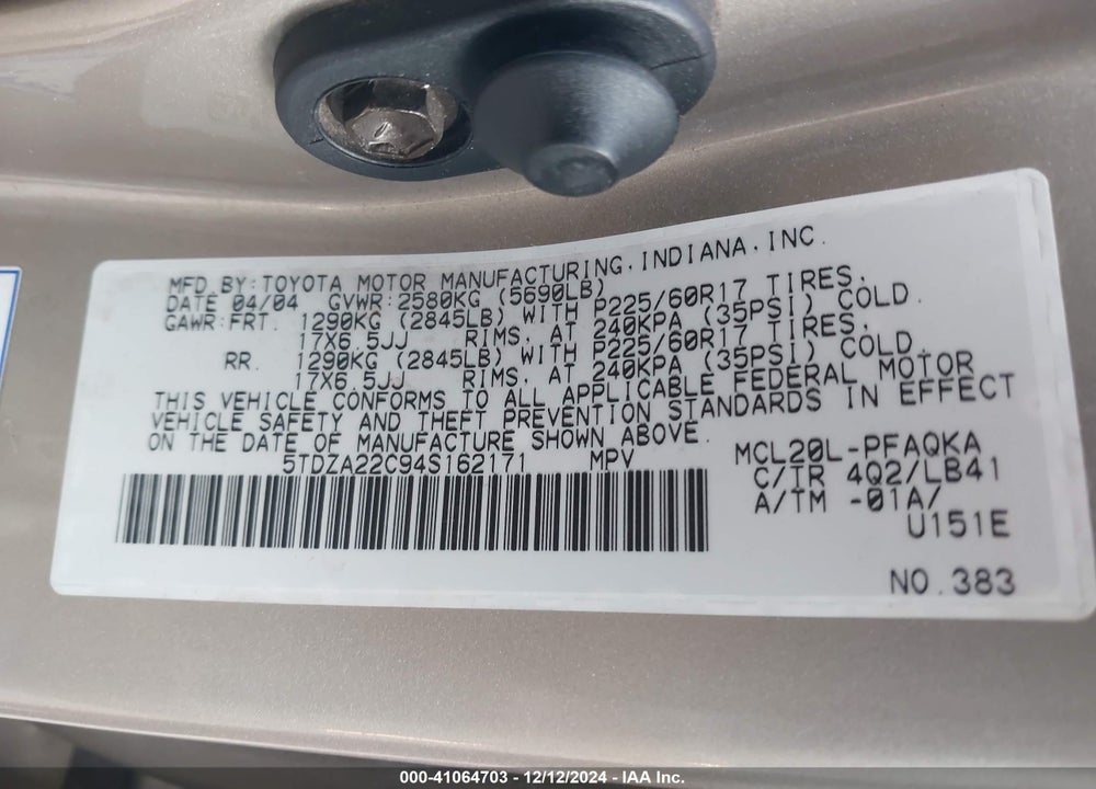 2004 TOYOTA SIENNA XLE VIN: 5TDZA22C94S162171