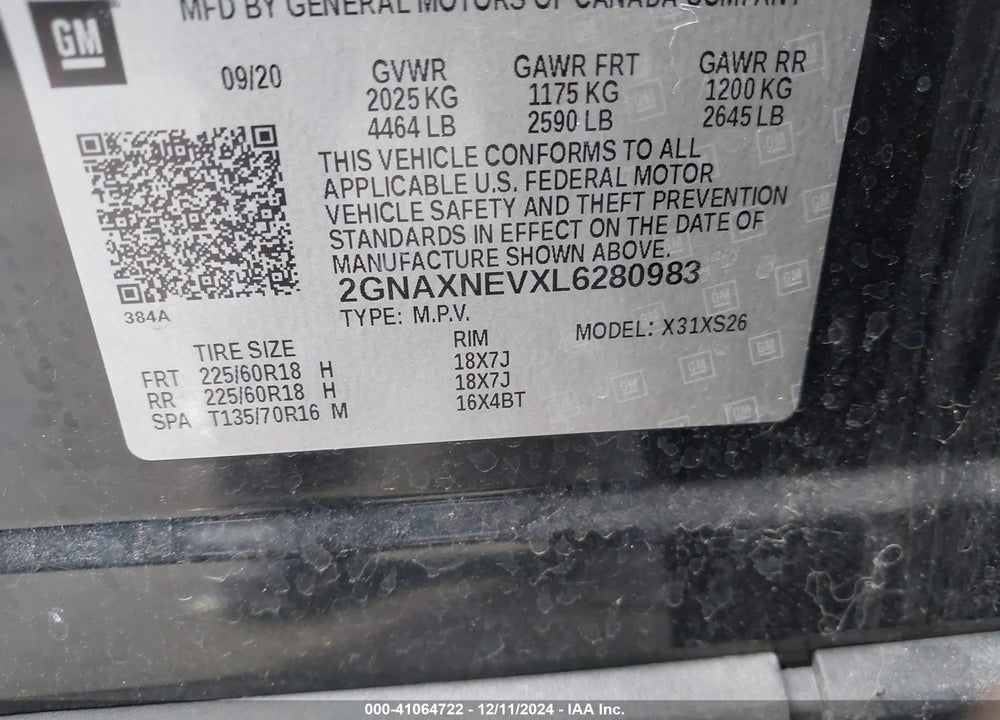 2020 CHEVROLET EQUINOX FWD PREMIER 1.5L TURBO VIN: 2GNAXNEVXL6280983