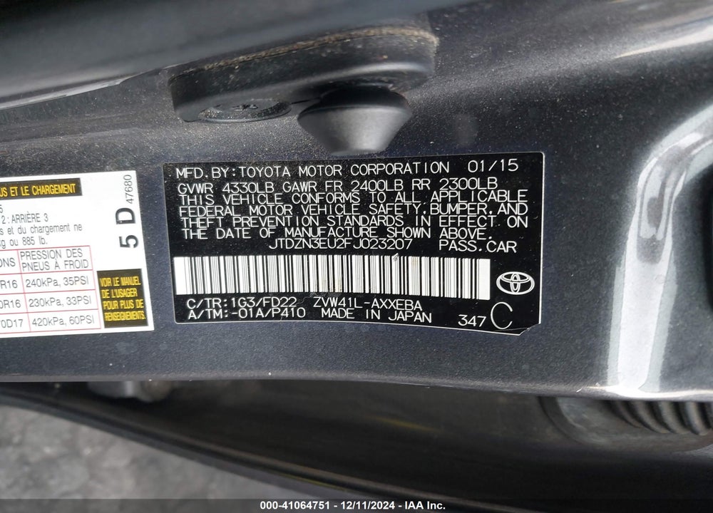 2015 TOYOTA PRIUS V TWO VIN: JTDZN3EU2FJ023207