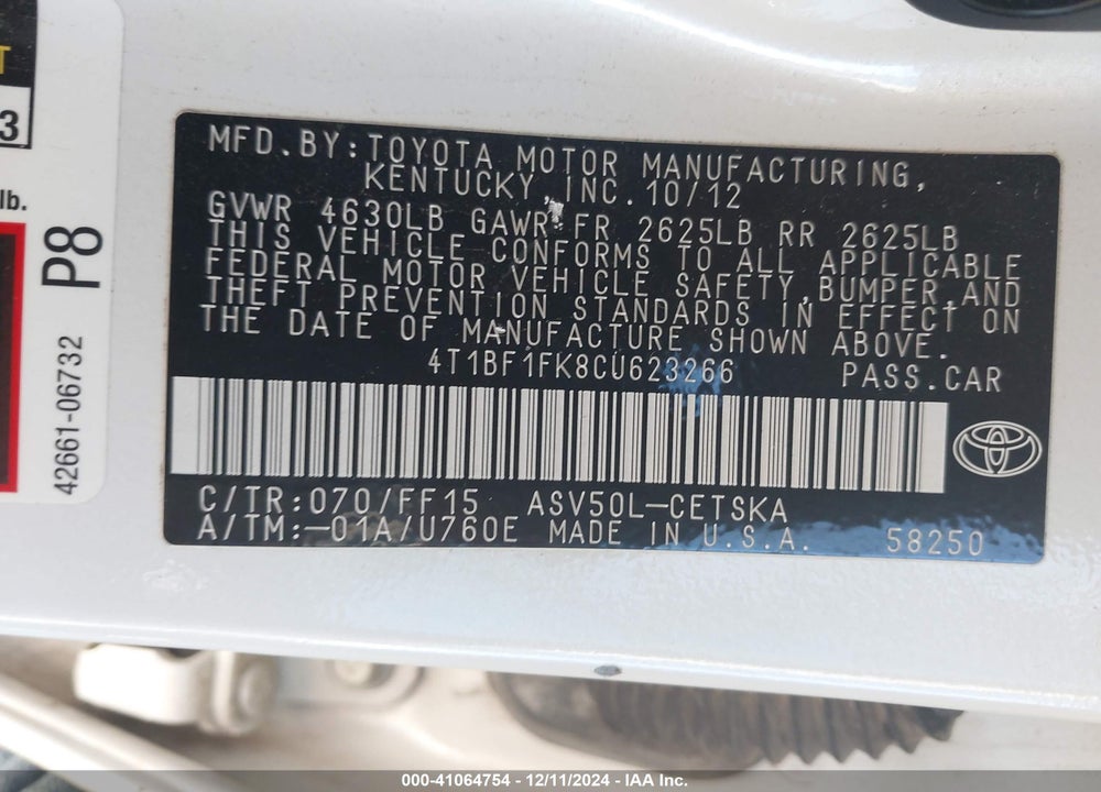 2012 TOYOTA CAMRY SE LIMITED EDITION VIN: 4T1BF1FK8CU623266