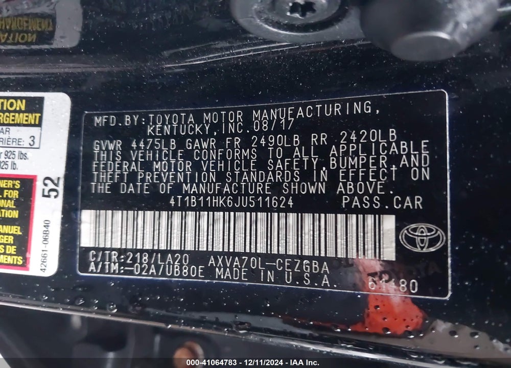 2018 TOYOTA CAMRY VIN: 4T1B11HK6JU511624